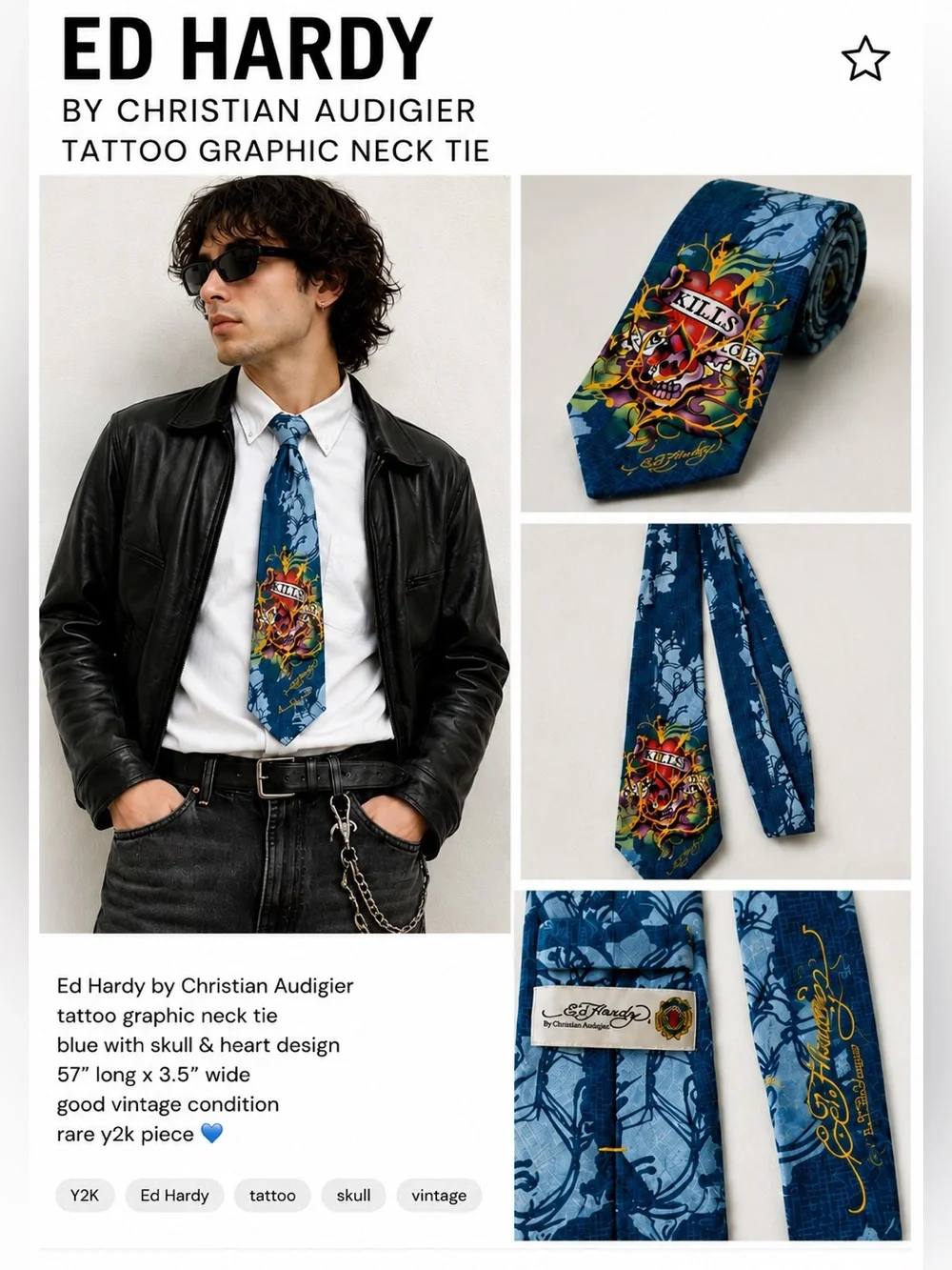Ed Hardy by Christian Audigier Blue Skull Tattoo Graphic Neck Tie 57